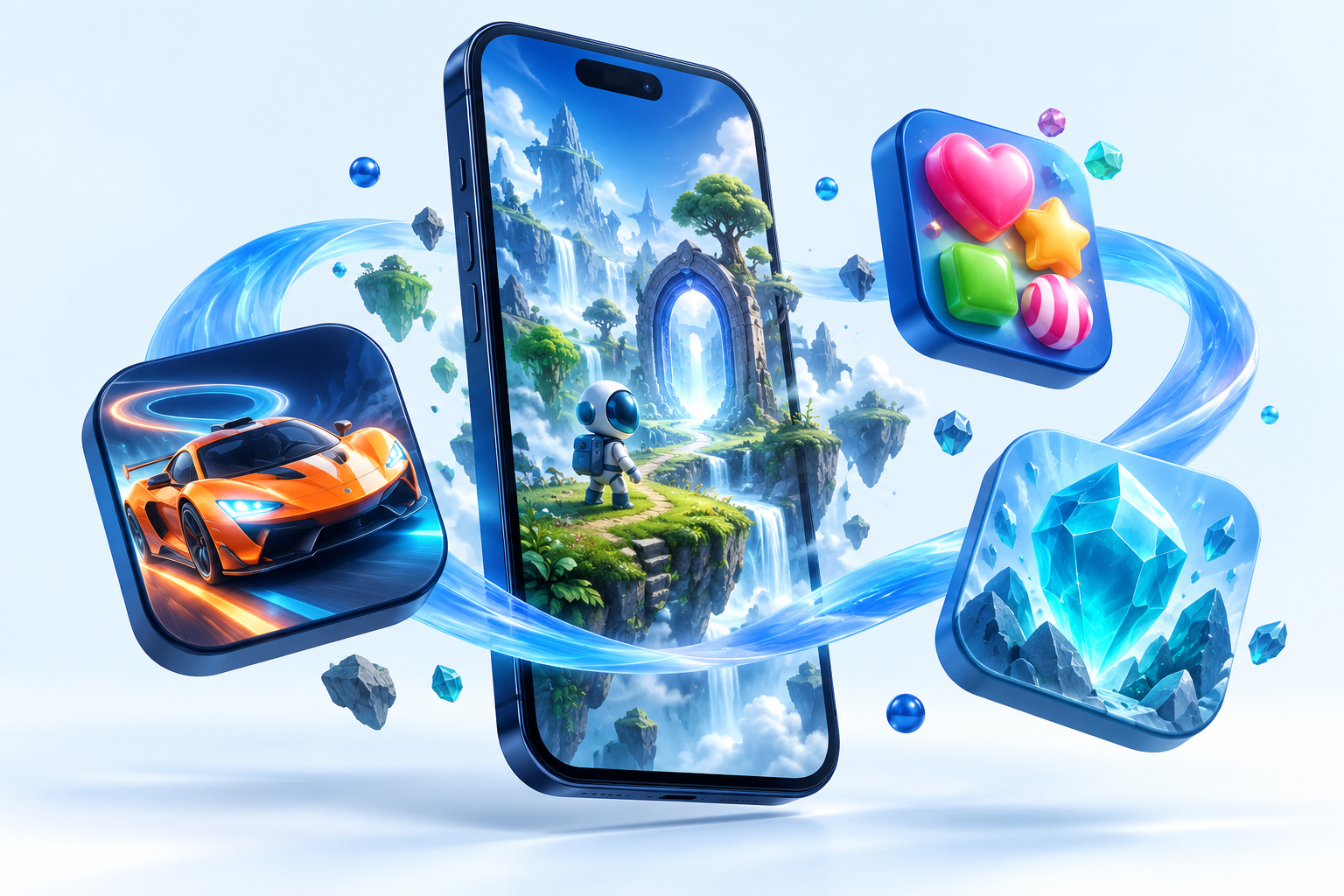 A playful 3D gaming universe with an adventure game, racing car, puzzle pieces, and a turquoise crystal orbiting a smartphone.